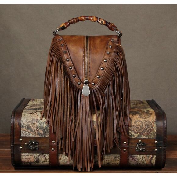 Boho Leather Crossbody Bamboo Hand Strap Featured Fringe Bohemian Tassel Brown - Picture 1 of 15